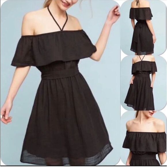 11.1 Tylho Anthropologie Kinsey Black Dress Off Shoulder Halter size XS - Picture 1 of 6